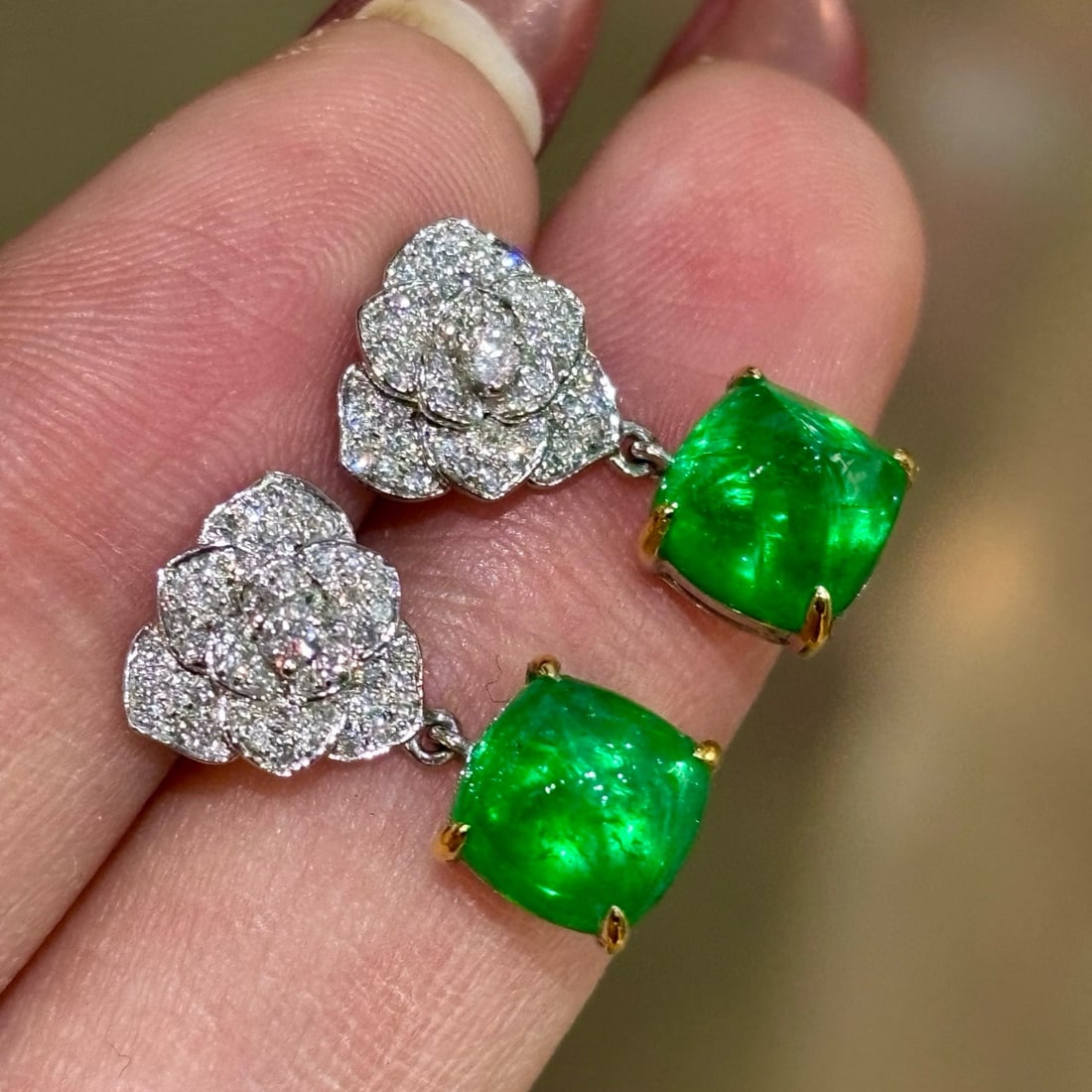 14k Gold 4.3 Ct Vivid Green Natural Emerald & Diamond Earrings - 2