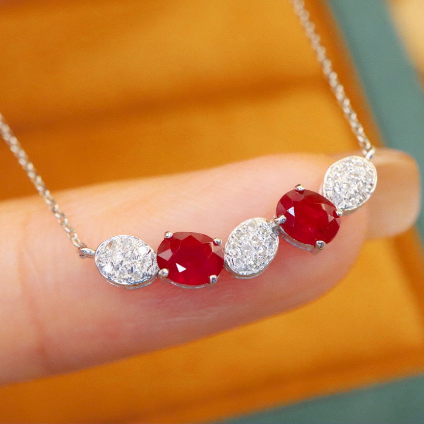 14k Gold 0.94 Ctw Natural Ruby & Diamond Necklace - 2