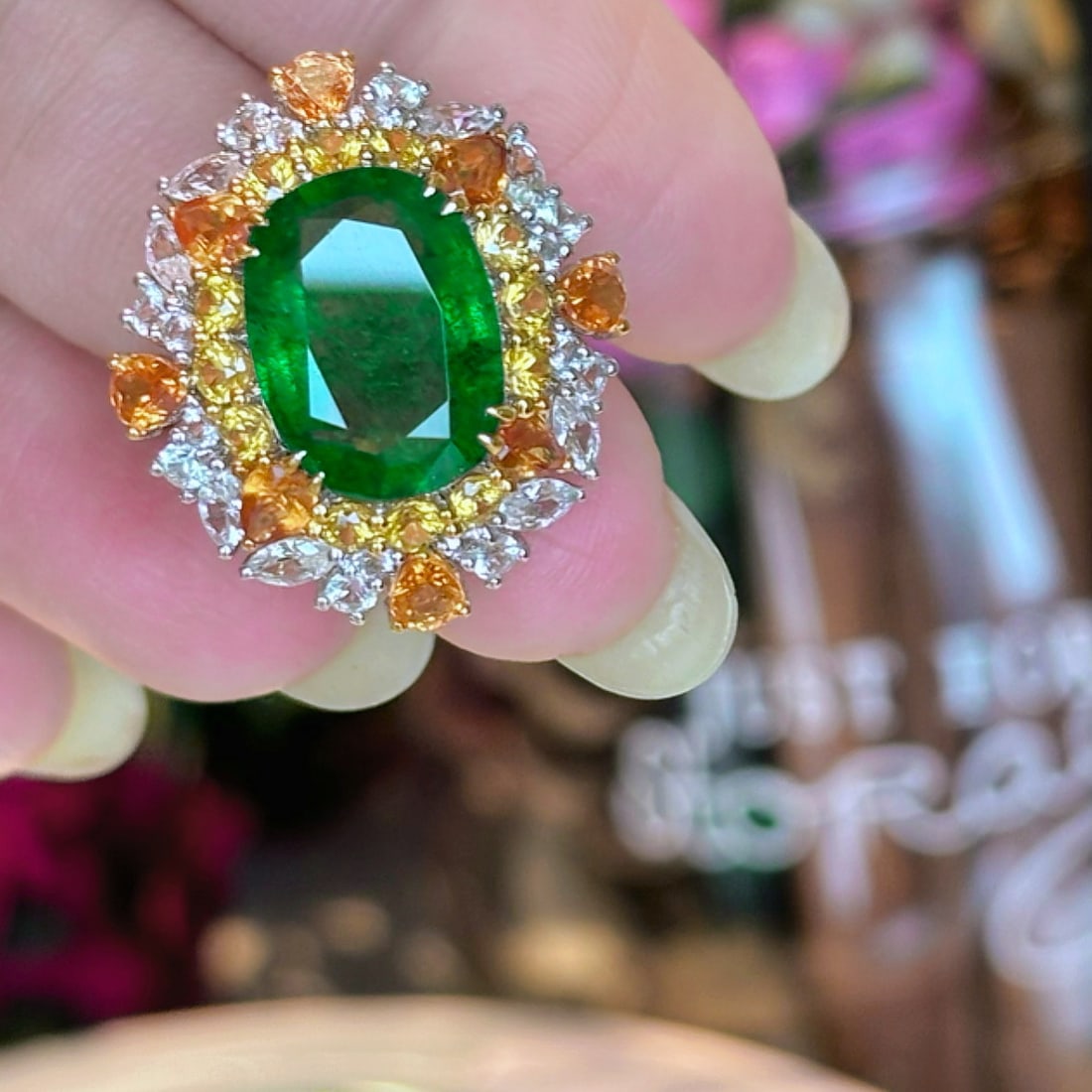 14k Gold 5 Ct Vivid Green Natural Emerald & Diamond Ring: Ref:230990338 // gold content:14k gold // ring size:7. 25us // // main gemstone:emerald // shape:oval // carat weight:5ct // color:vivid green // treatment:natural // // adjacent gemstone 2 : diamond