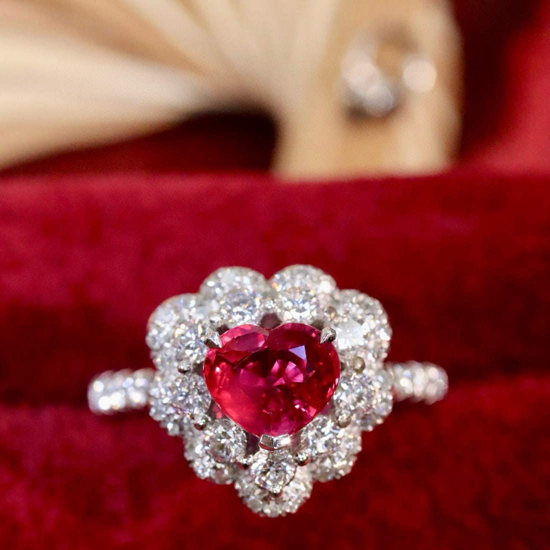 14k Gold 1.38 Ctw Natural Ruby & Diamond Ring: Ref:230990340 // gold content:14k gold // ring size:7. 25us // // main gemstone:ruby // shape:heart // carat weight:1. 17ct // color:pigeonblood red // treatment:natural // // adjacent gemstone 2 : di