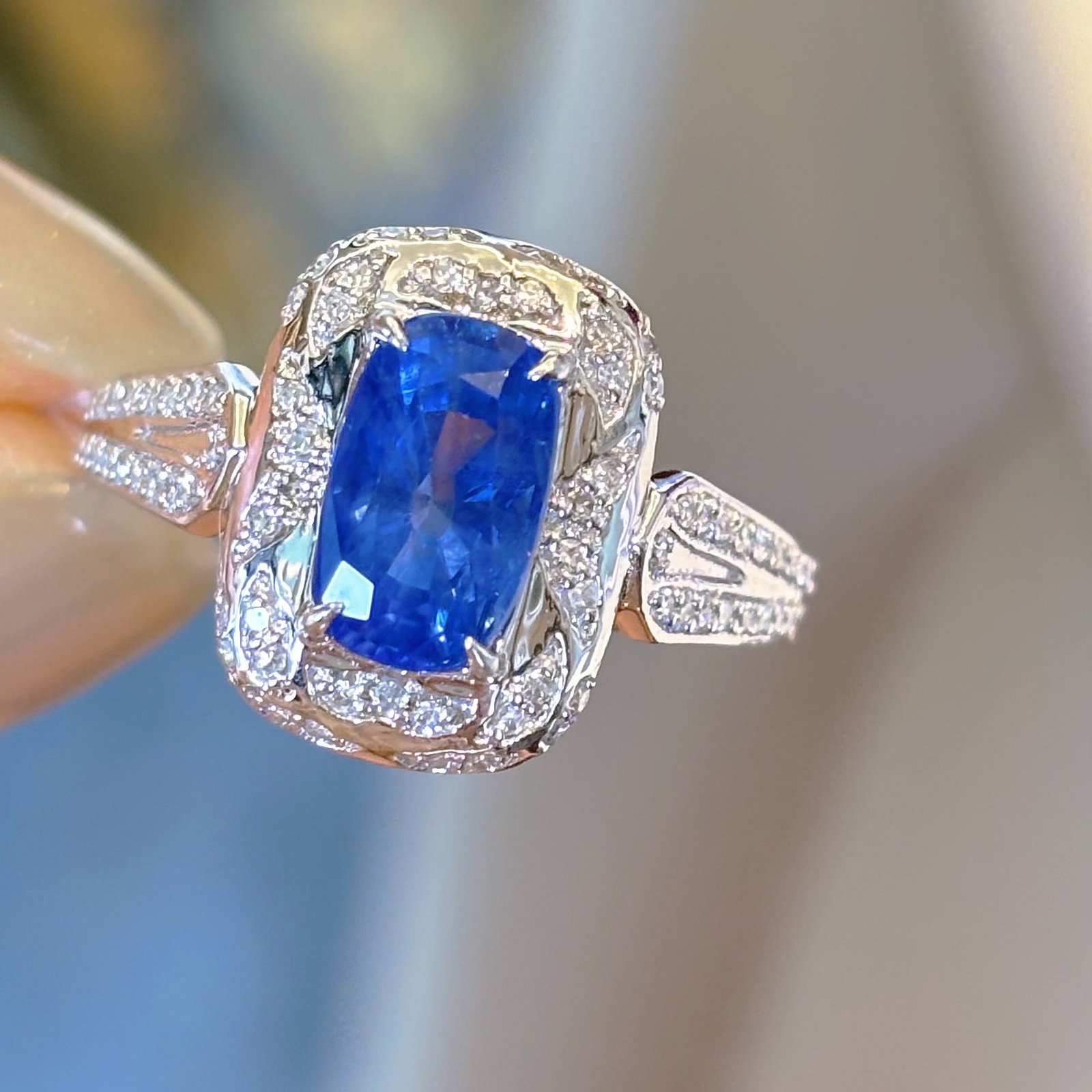 14k Gold 2.06 Ct Natural Sapphire & Diamond Ring: Ref:230990348 // gold content:14k gold // ring size:7. 25us // // main gemstone:sapphire // shape:cushion // carat weight:2. 06ct // color:blue // treatment:natural // // adjacent gemstone 2 :