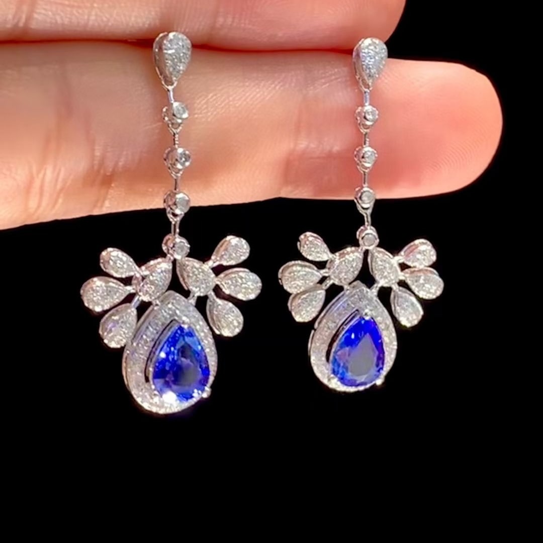 14k Gold 1.75 Ct Natural Sapphire & Diamond Earrings - 2