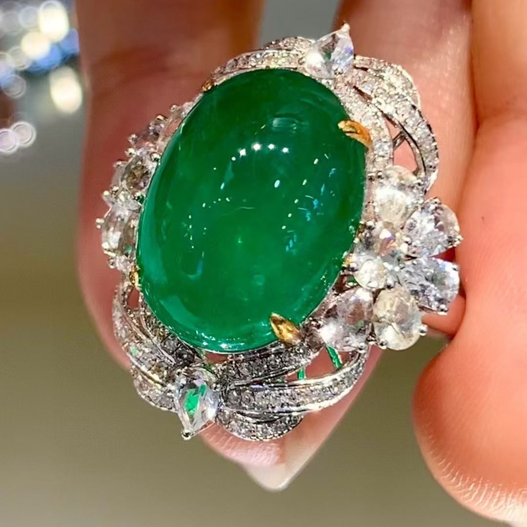 14k Gold 9 Ct Vivid Green Natural Emerald & Diamond & Sapphire Ring/pendant( Without Chain ) - 2