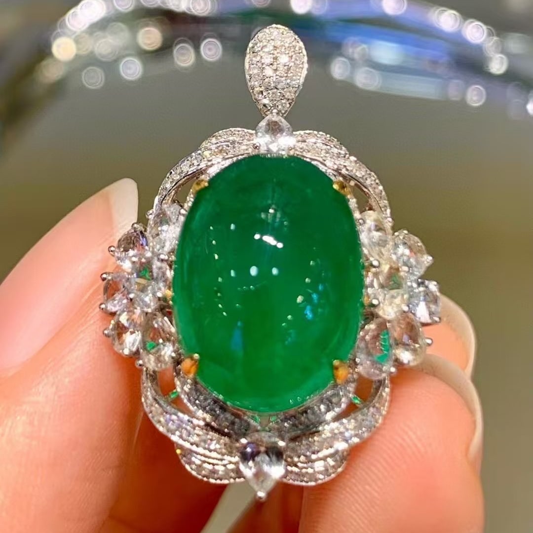 14k Gold 9 Ct Vivid Green Natural Emerald & Diamond & Sapphire Ring/pendant( Without Chain ) - 3