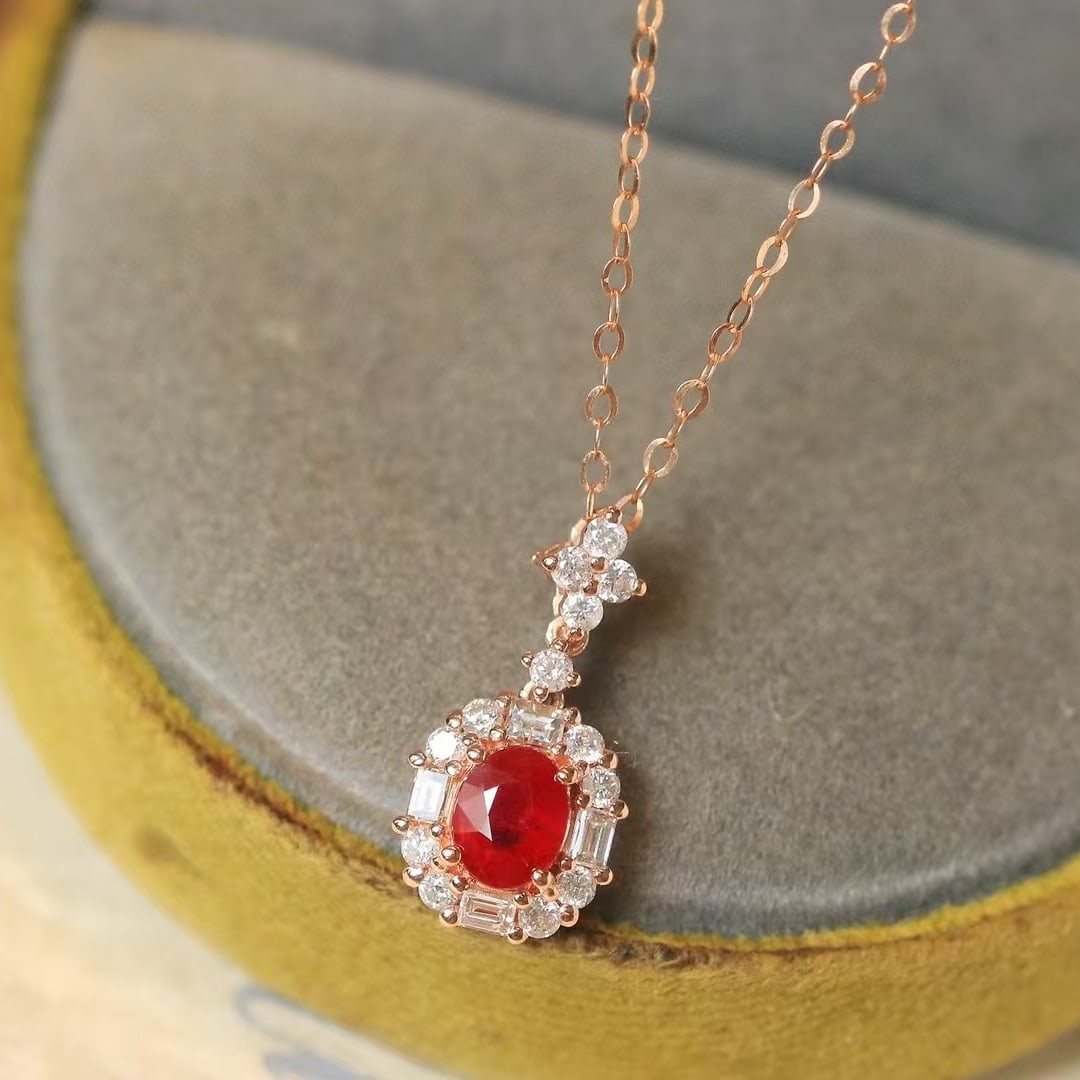 14k Gold 0.8 Ctw Natural Ruby & Diamond Pendant( Without Chain ): Ref:230990359 // gold content:14k gold // main gemstone:ruby // shape:oval // carat weight:0. 5ct // color:pigeonblood red // treatment:natural // // adjacent gemstone 2 : diamond // shape:multiply