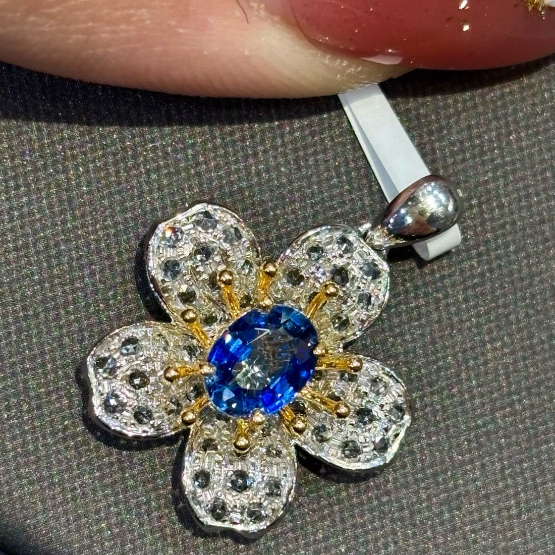 14k Gold 1 Ct Natural Sapphire & Sapphire Pendant( Without Chain ) - 8