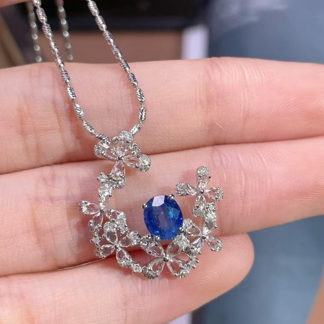 14k Gold 1.1 Ct Natural Sapphire & Diamond Pendant( Without Chain ): Ref:230990365 // gold content:14k gold // main gemstone:sapphire // shape:oval // carat weight:1. 1ct // color:blue // treatment:natural // // adjacent gemstone 2 : diamond // number of stones:62 // s