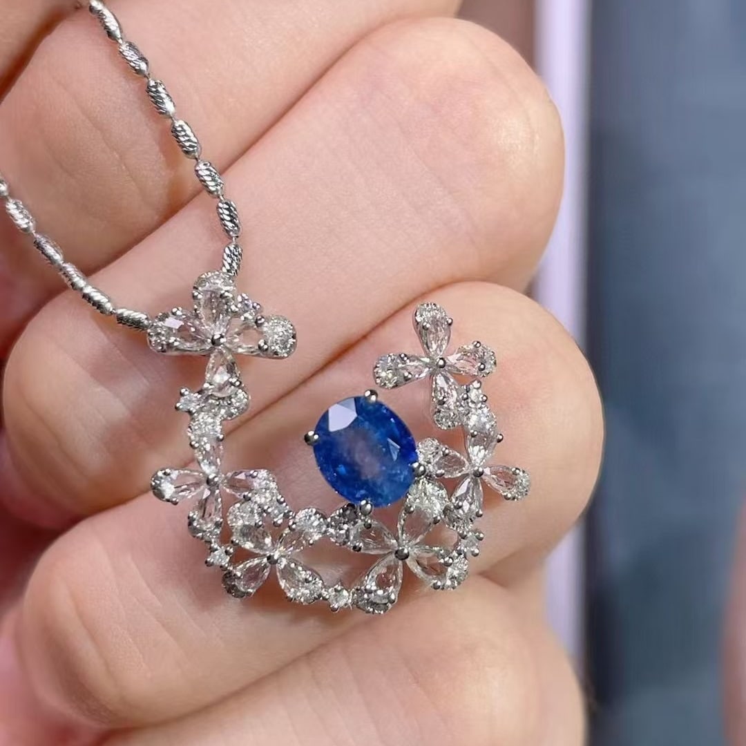 14k Gold 1.1 Ct Natural Sapphire & Diamond Pendant( Without Chain ) - 2