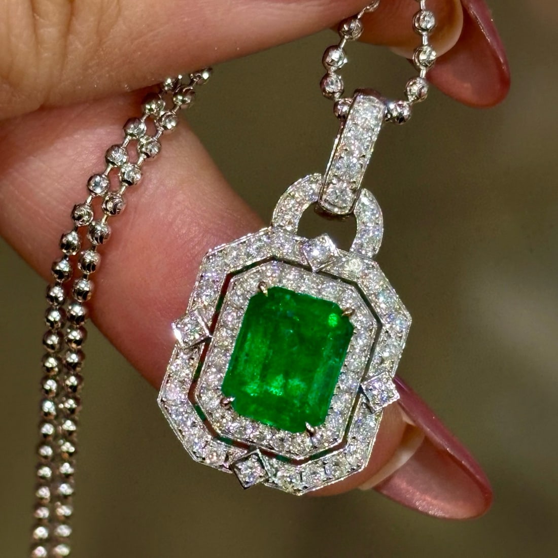 14k Gold 3.77 Ctw Vivid Green Natural Emerald & Diamond Pendant( Without Chain ) - 2