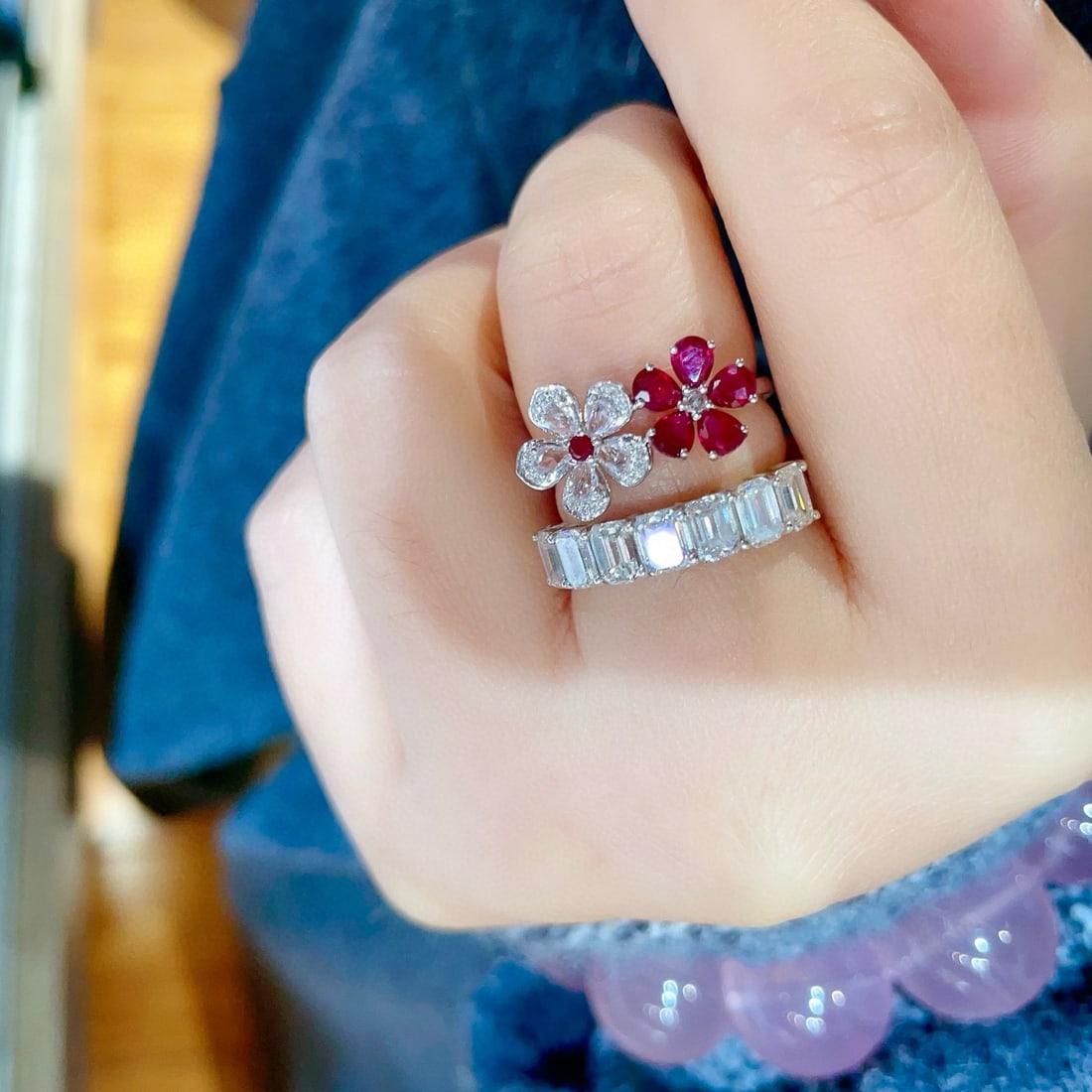 14k Gold 1.1 Ct Natural Ruby & Sapphire & Diamond Ring - 7