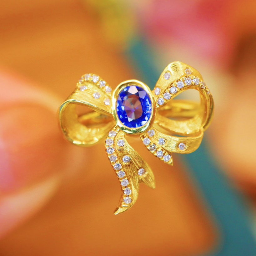 14k Gold 0.51 Ctw Natural Sapphire & Diamond Ring: Ref:230990383 // gold content:14k gold // ring size:7. 25us // // main gemstone:sapphire // shape:oval // carat weight:0. 40ct // color:blue // treatment:natural // // adjacent gemstone 2 : diamond