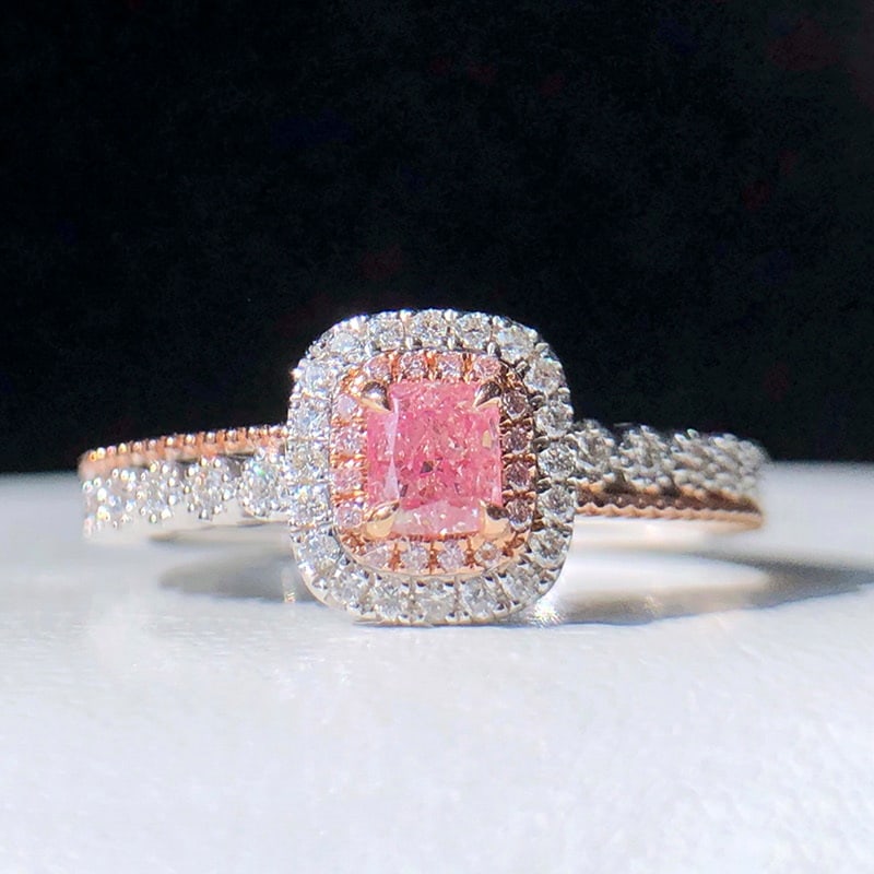 14k Gold 0.54 Ctw Natural Pink Diamond & Diamond Ring: Ref:230990388 // gold content:14k gold // ring size:7. 25us // // main gemstone:pink diamond // shape:cushion // carat weight:0. 33ct // color:pink // treatment:natural // // adjacent gemstone 2 : dia