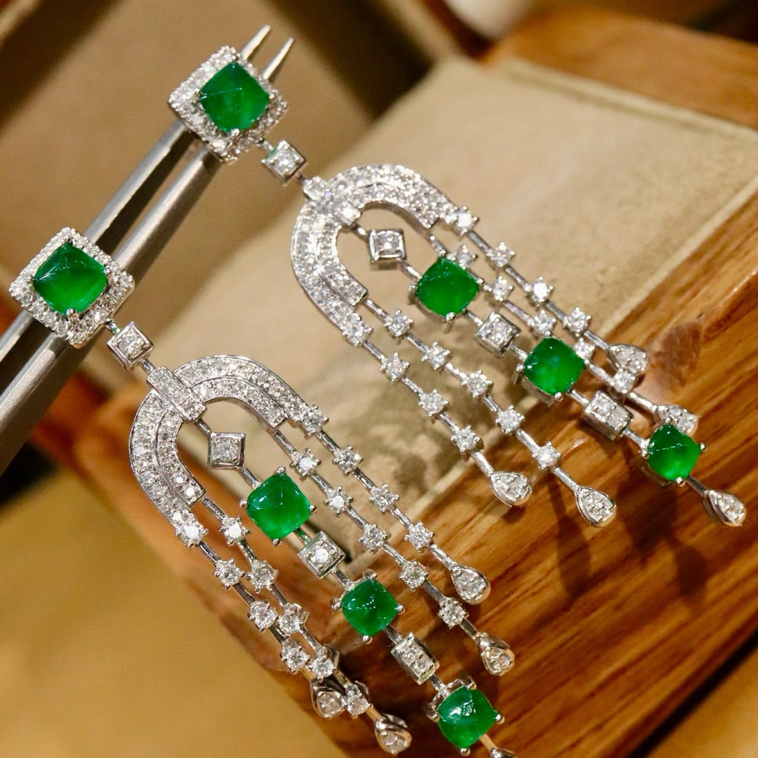 14k Gold 3.70 Ctw Vivid Green Natural Emerald & Diamond Earrings - 3