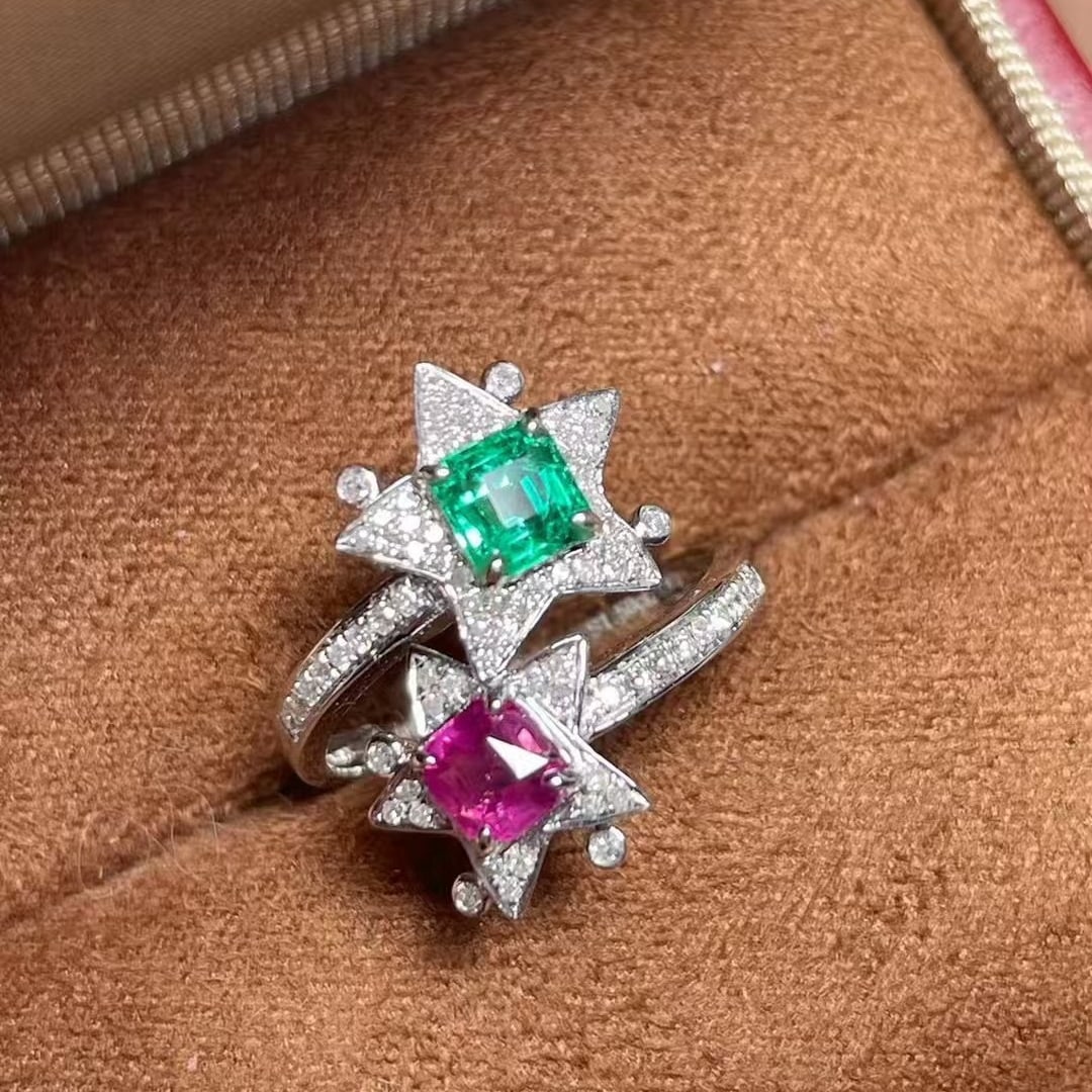 14k Gold 1.5 Ct Natural Emerald & Sapphire & Diamond Ring - 2
