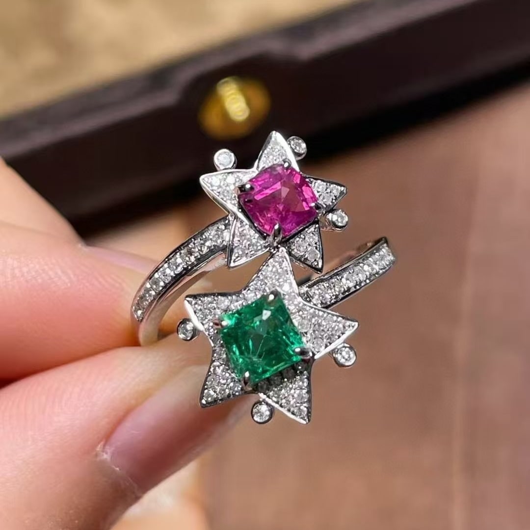 14k Gold 1.5 Ct Natural Emerald & Sapphire & Diamond Ring - 3