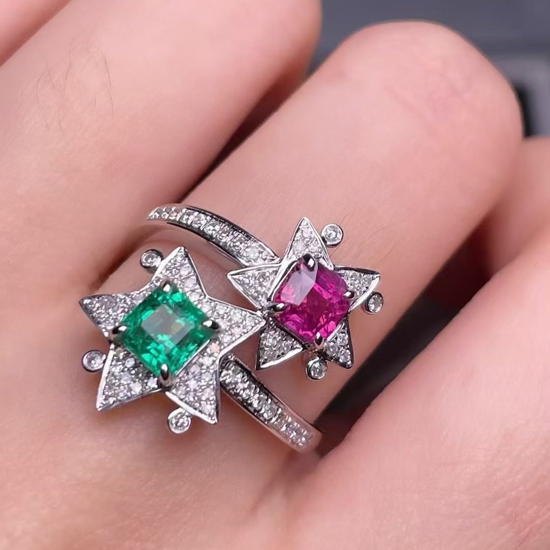 14k Gold 1.5 Ct Natural Emerald & Sapphire & Diamond Ring - 4