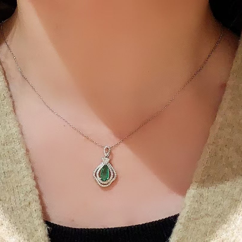 14k Gold 0.78 Ctw Vivid Green Natural Emerald & Diamond Pendant( Without Chain ) - 2