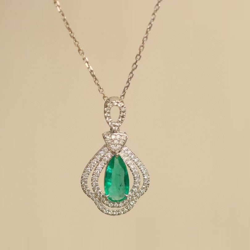 14k Gold 0.78 Ctw Vivid Green Natural Emerald & Diamond Pendant( Without Chain ) - 3