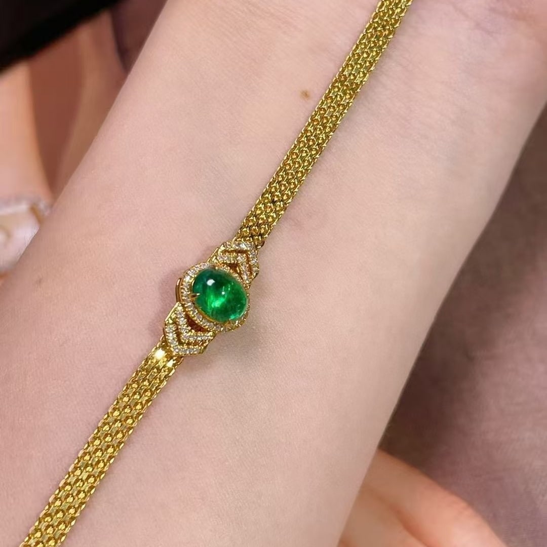 14k Gold 0.9 Ct Vivid Green Natural Emerald & Diamond Bracelet - 4