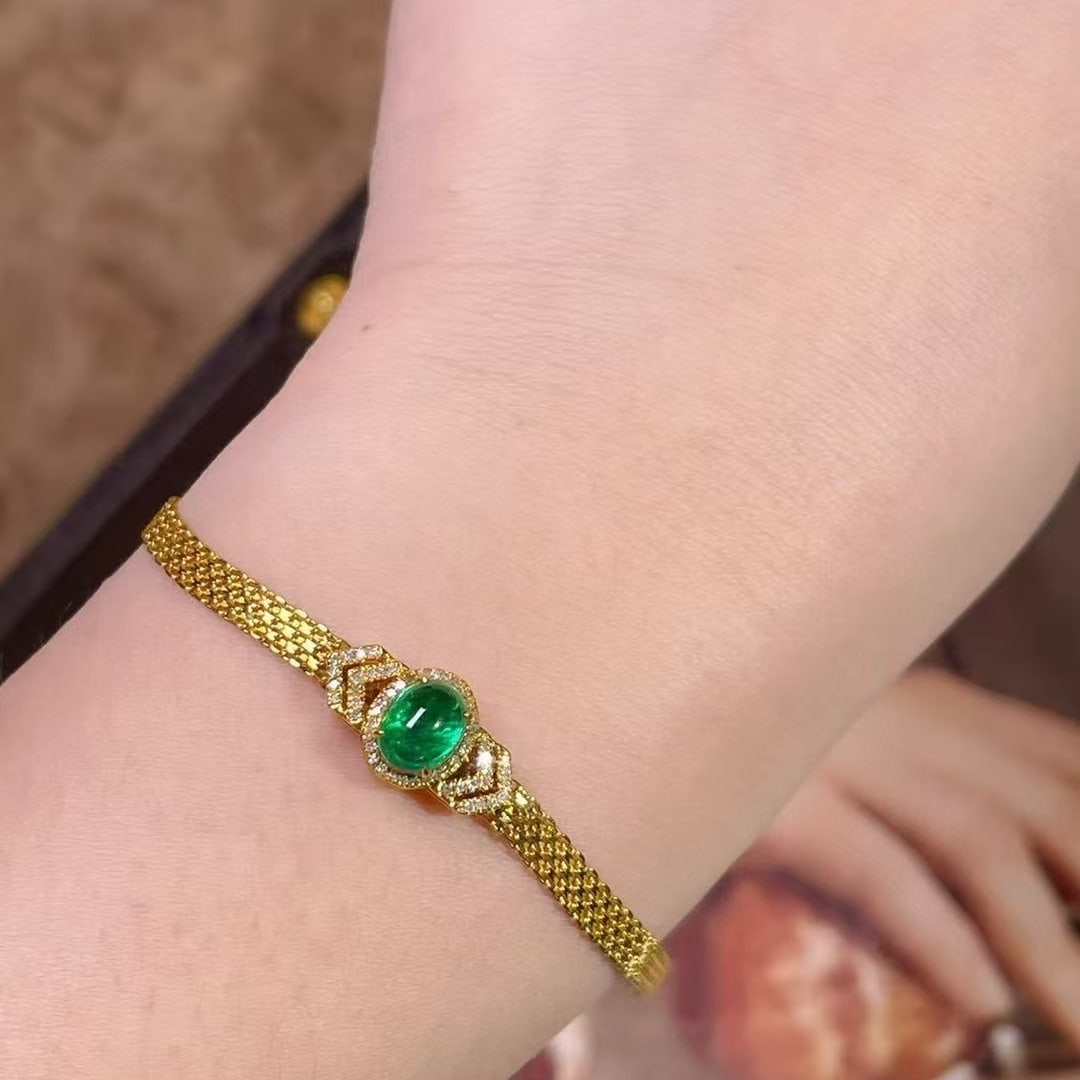 14k Gold 0.9 Ct Vivid Green Natural Emerald & Diamond Bracelet - 5
