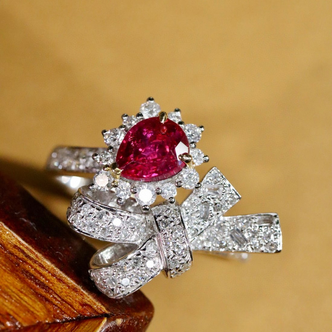 14k Gold 1.44 Ctw Natural Ruby & Diamond Ring: Ref:230990417 // gold content:14k gold // ring size:7. 25us // // main gemstone:ruby // shape:pear // carat weight:0. 95ct // color:red // treatment:natural // // adjacent gemstone 2 : diamond //