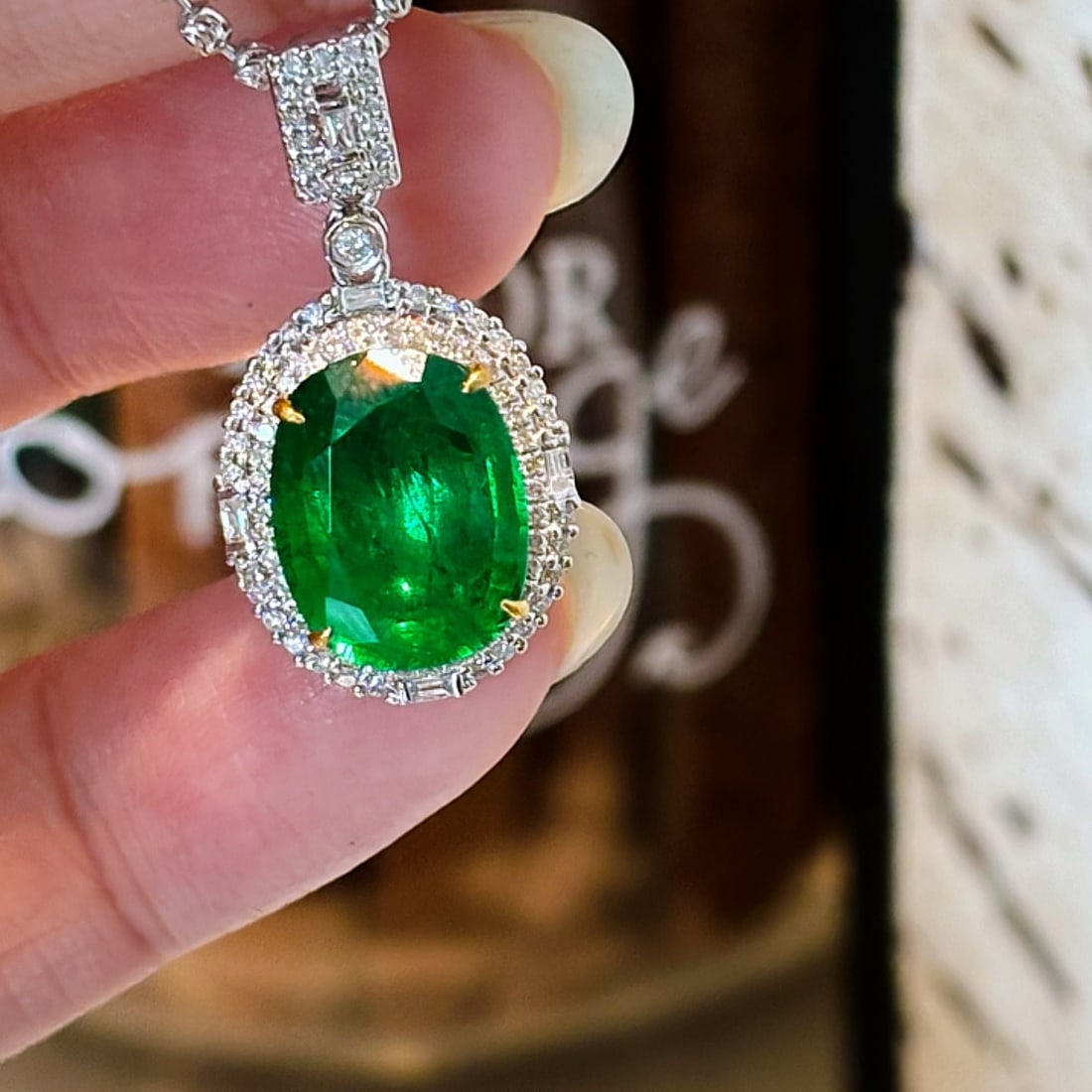 14k Gold 3.45 Ct Vivid Green Natural Emerald & Diamond Pendant( Without Chain ) - 2