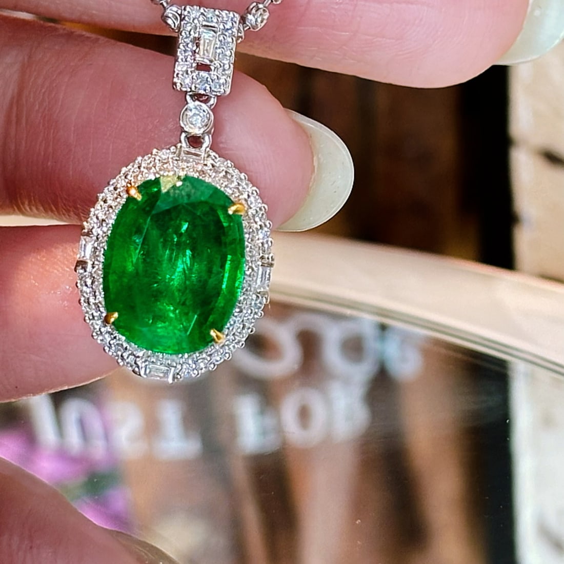 14k Gold 3.45 Ct Vivid Green Natural Emerald & Diamond Pendant( Without Chain ) - 3