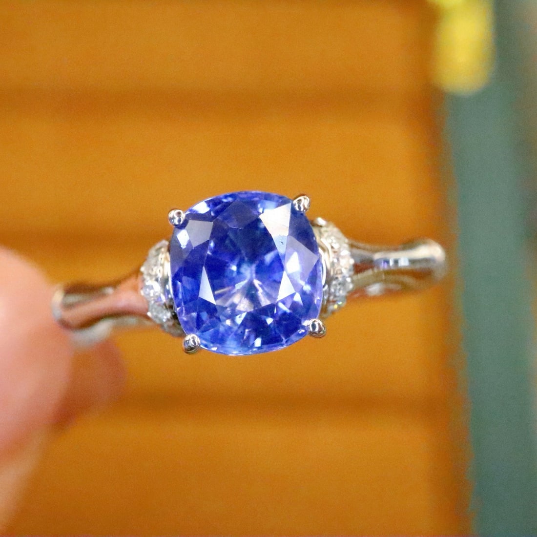14k Gold 1.42 Ctw Natural Sapphire & Diamond Ring: Ref:230990431 // gold content:14k gold // ring size:7. 25us // // main gemstone:sapphire // shape:cushion // carat weight:1. 35ct // color:cornflower blue // treatment:natural // // adjacent gemstone