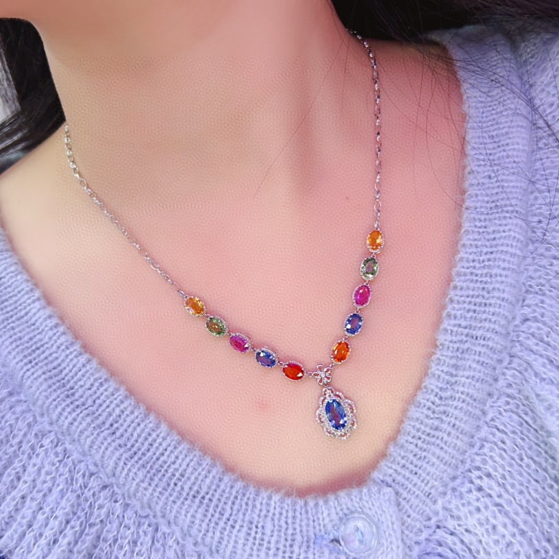 14k Gold 10.1 Ct Natural Sapphire & Diamond Necklace - 6