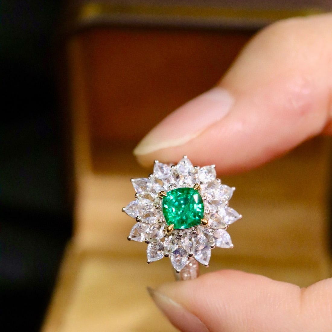 14k Gold 0.77 Ctw Vivid Green Natural Emerald & Diamond Ring: Ref:230990439 // gold content:14k gold // ring size:7. 25us // // main gemstone:emerald // shape:cushion // carat weight:0. 69ct // color:vivid green // treatment:natural // // adjacent gemstone 2 : d