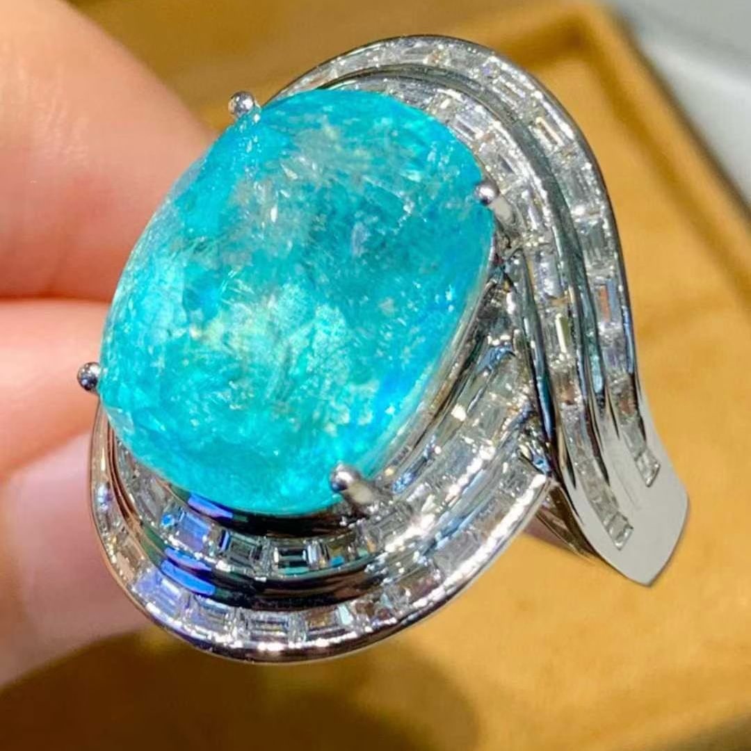 14k Gold 10.73 Ct Natural Paraiba Tourmaline & Diamond Ring - 2