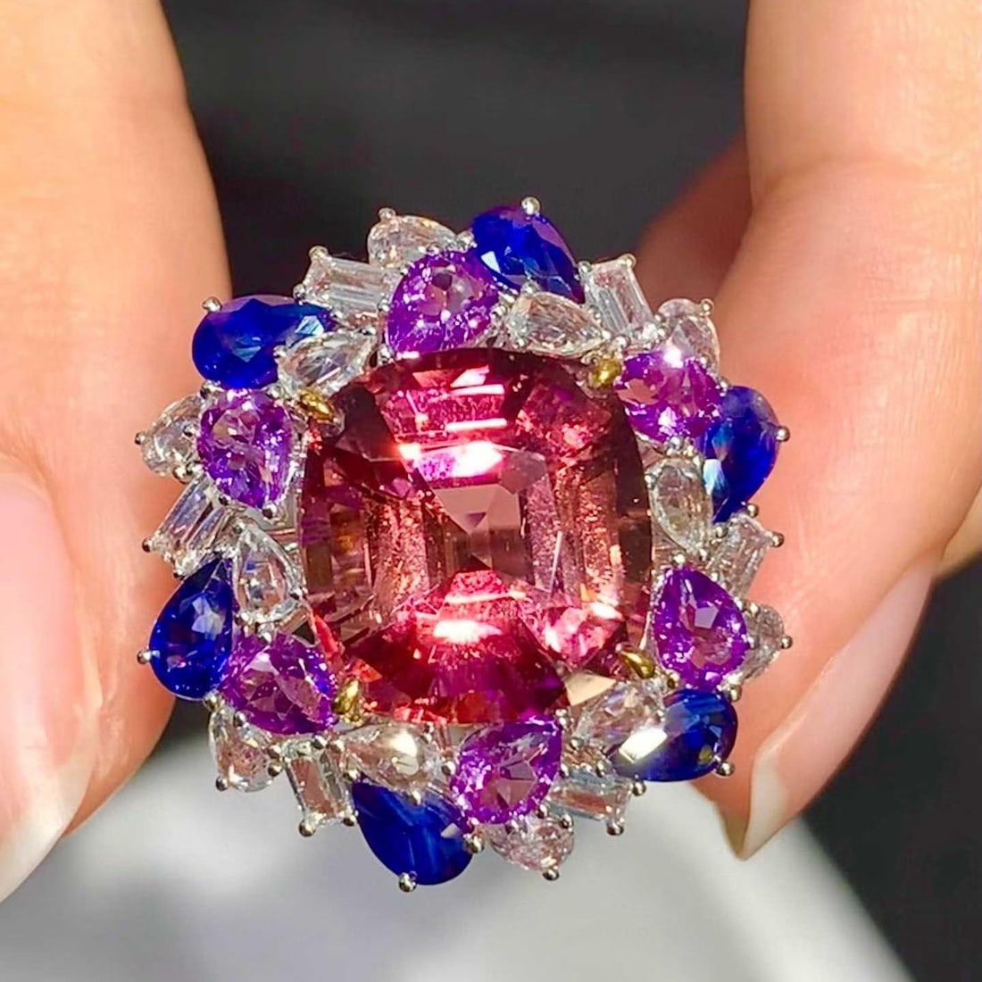 14k Gold 5.72 Ct Natural Tourmaline & Diamond & Sapphire Ring: Ref:231155028 // gold content:14k gold // ring size:7. 25us // // main gemstone:tourmaline // shape:cushion // carat weight:5. 72ct // color:red // treatment:natural // // adjacent gemstone 2 : diamon