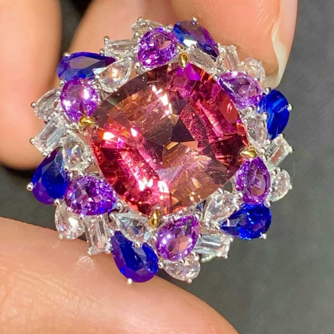 14k Gold 5.72 Ct Natural Tourmaline & Diamond & Sapphire Ring - 5