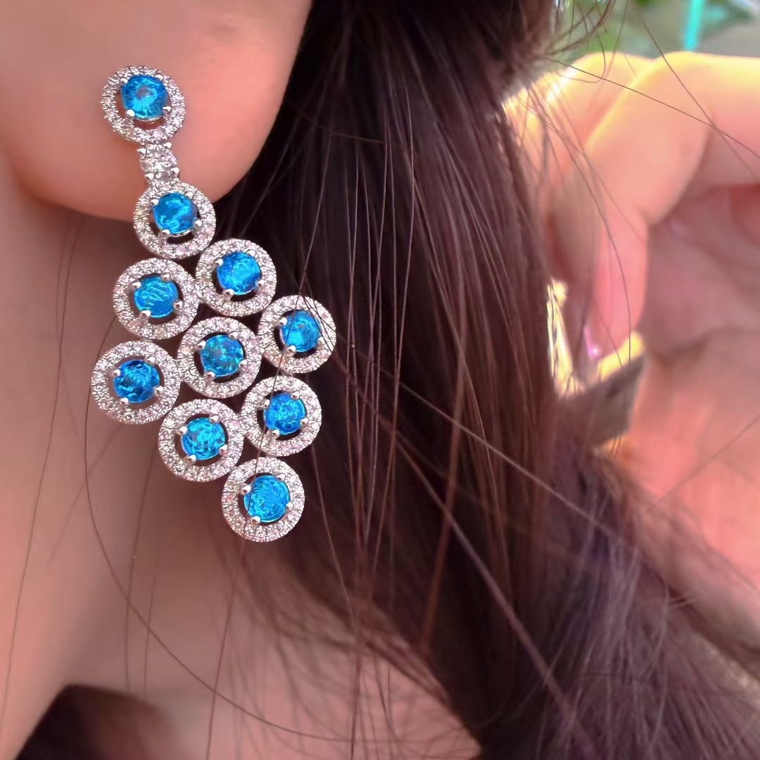 14k Gold 1.5 Ct Natural Paraiba Tourmaline & Diamond Earrings - 4