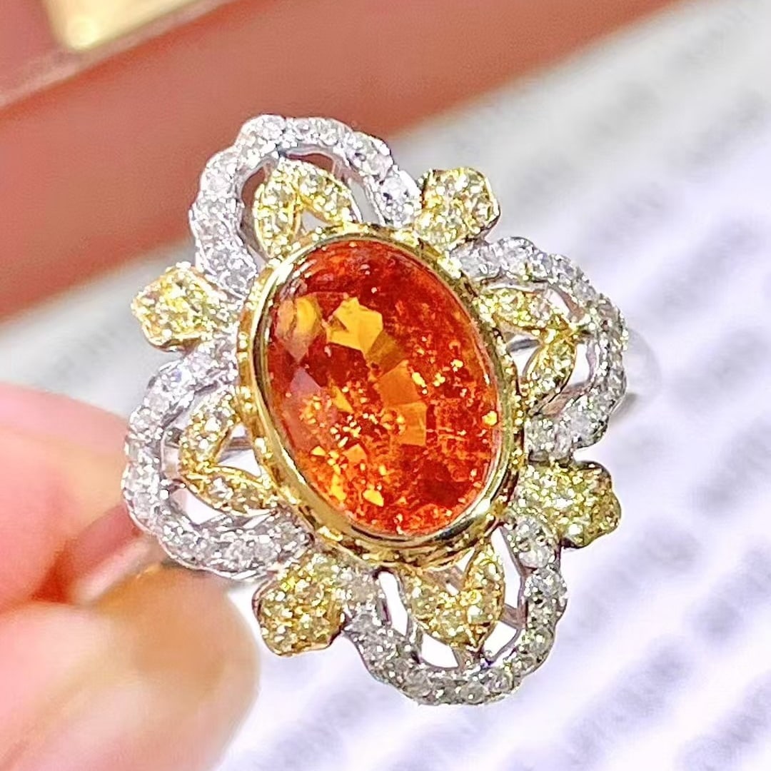 14k Gold 1.7 Ct Natural Spessartine & Diamond & Sapphire Ring - 2