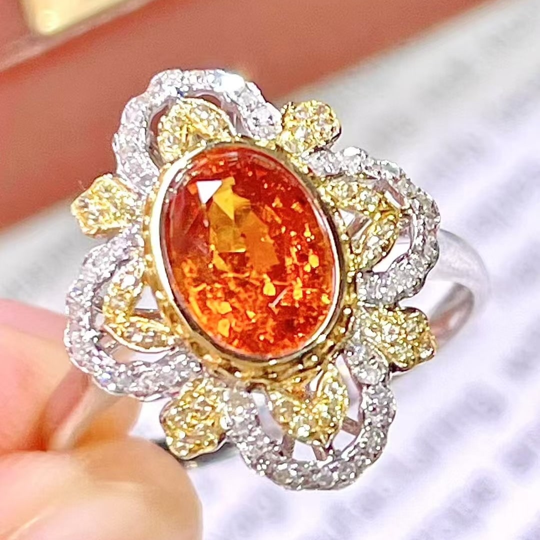 14k Gold 1.7 Ct Natural Spessartine & Diamond & Sapphire Ring - 3