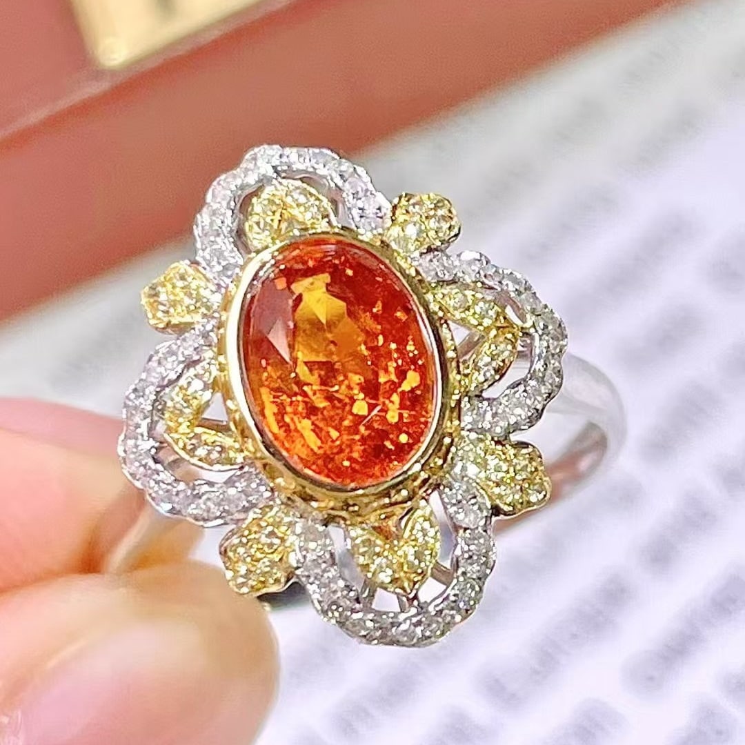 14k Gold 1.7 Ct Natural Spessartine & Diamond & Sapphire Ring - 4