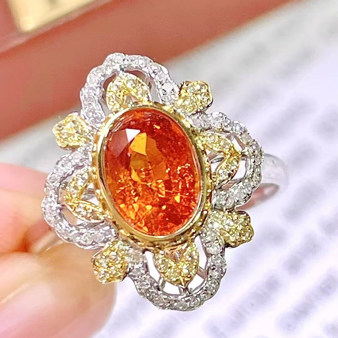14k Gold 1.7 Ct Natural Spessartine & Diamond & Sapphire Ring - 5