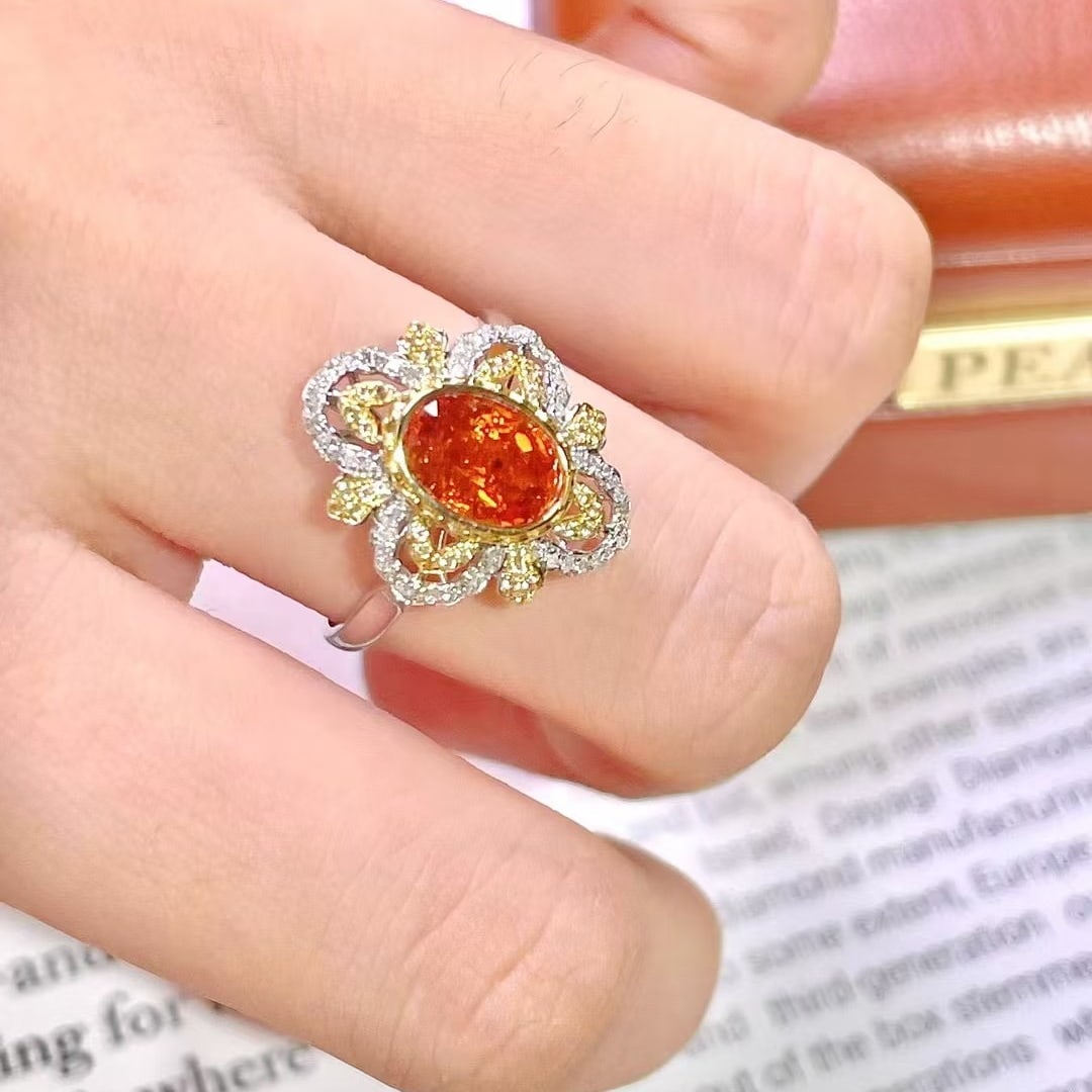 14k Gold 1.7 Ct Natural Spessartine & Diamond & Sapphire Ring - 6