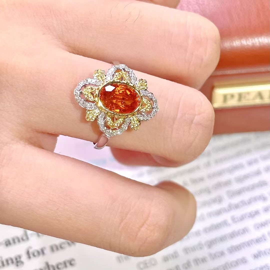 14k Gold 1.7 Ct Natural Spessartine & Diamond & Sapphire Ring - 7