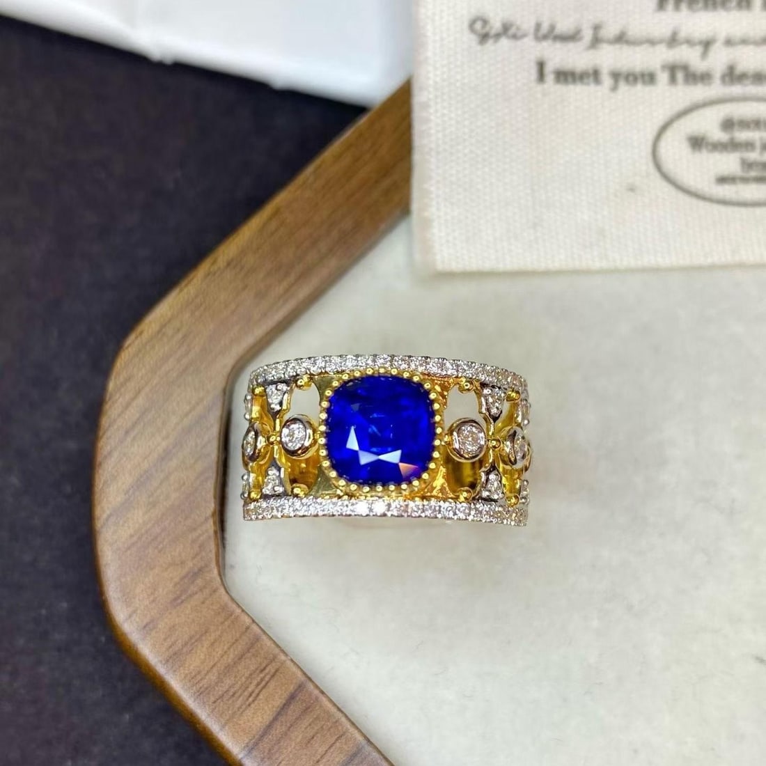 14k Gold 2.29 Ctw Natural Sapphire & Diamond Ring: Ref:231155082 // gold content:14k gold // ring size:7. 25us // // main gemstone:sapphire // shape:cushion // carat weight:1. 8ct // color:blue // treatment:natural // // adjacent gemstone 2 : diamond