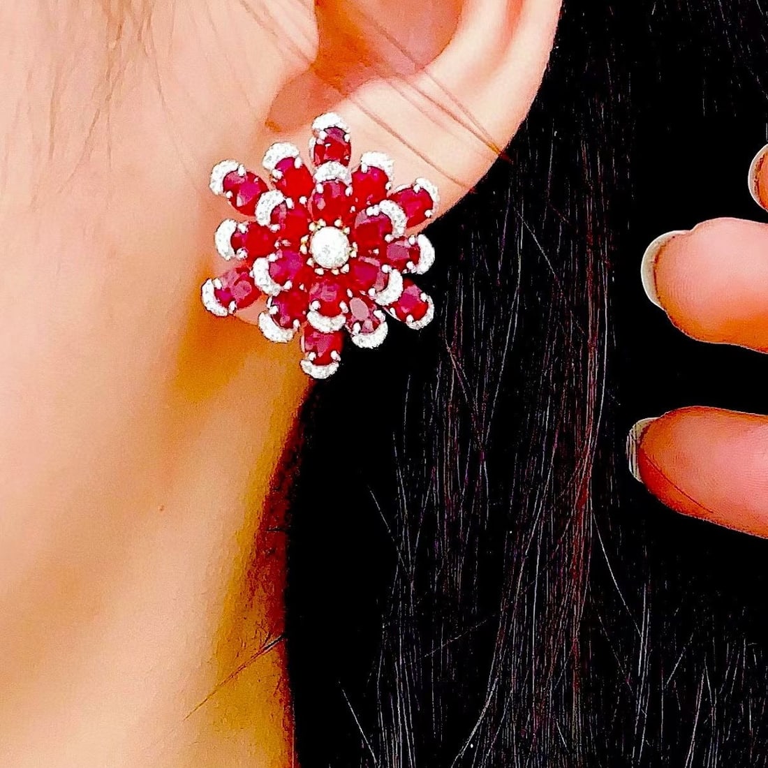 14k Gold 11.25 Ct Natural Ruby & Diamond Earrings - 4