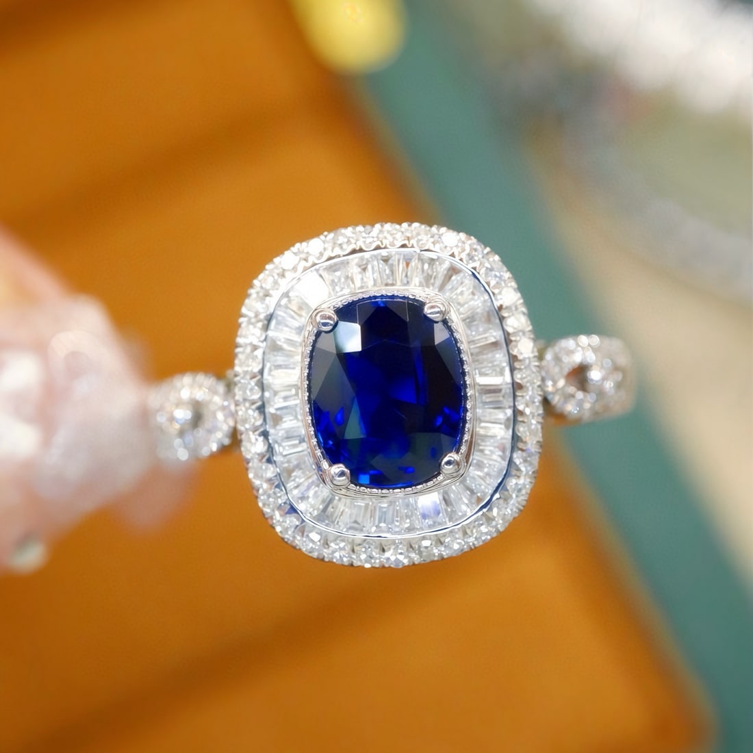 14k Gold 1.53 Ctw Natural Sapphire & Diamond Ring: Ref:231155091 // gold content:14k gold // ring size:7. 25us // // main gemstone:sapphire // shape:cushion // carat weight:1. 05ct // color:blue // treatment:natural // // adjacent gemstone 2 :
