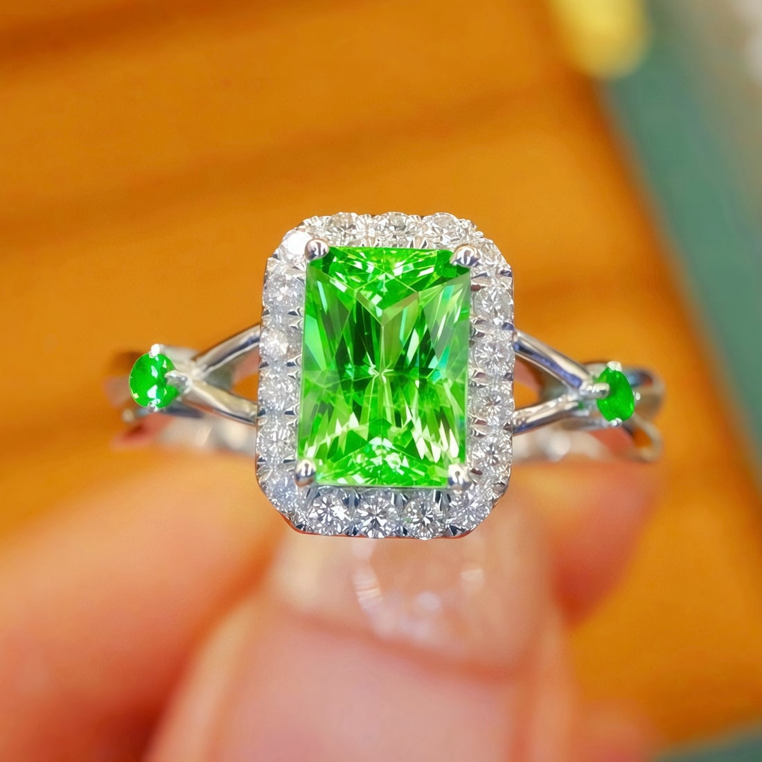 14k Gold 1.17 Ctw Natural Tsavorite & Tsavorite Ring: Ref:231155115 // gold content:14k gold // ring size:7. 25us // // main gemstone:tsavorite // shape:octagonal // carat weight:1. 13ct // color:green // treatment:natural // // adjacent gemstone 2 :