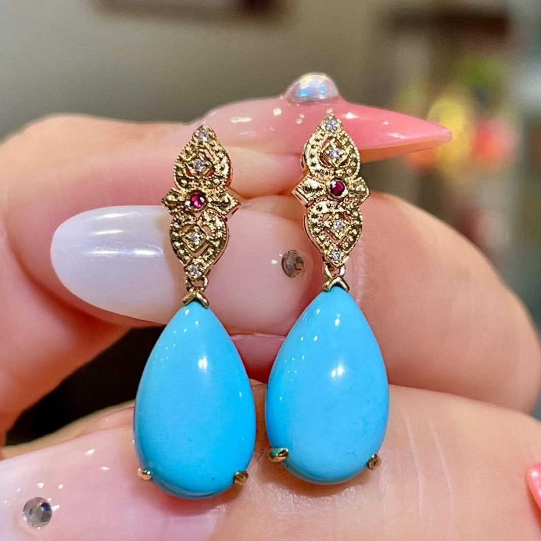 14k Gold 5.68 Ct Natural Blue Turquoise & Diamond & Ruby Earrings: Ref:231155118 // gold content:14k gold // main gemstone:blue turquoise // shape:pear // carat weight:5. 68ct // color:blue // treatment:natural // // adjacent gemstone 2 : diamond // shape:round //
