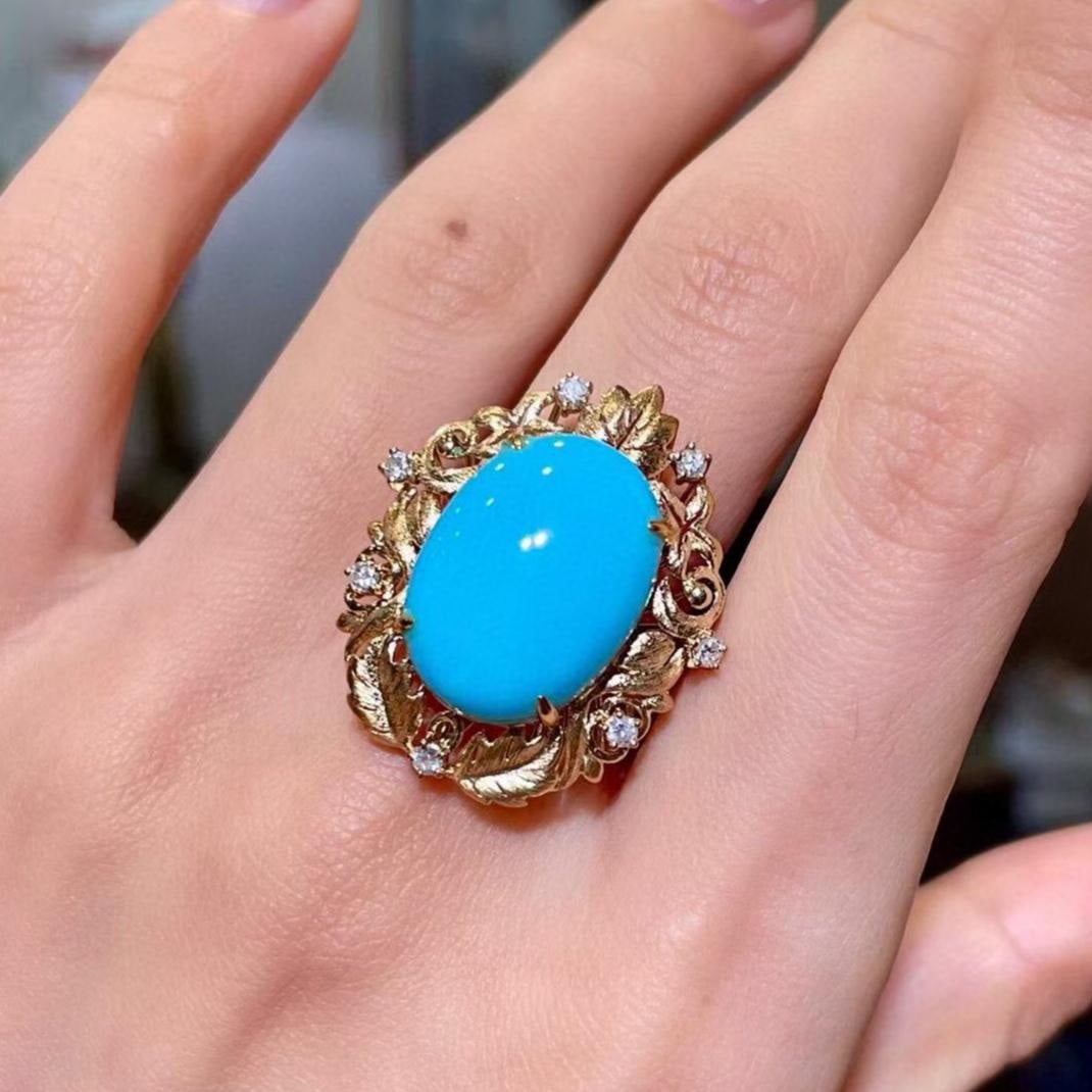 14k Gold 9.36 Ctw Natural Blue Turquoise & Diamond Ring - 4