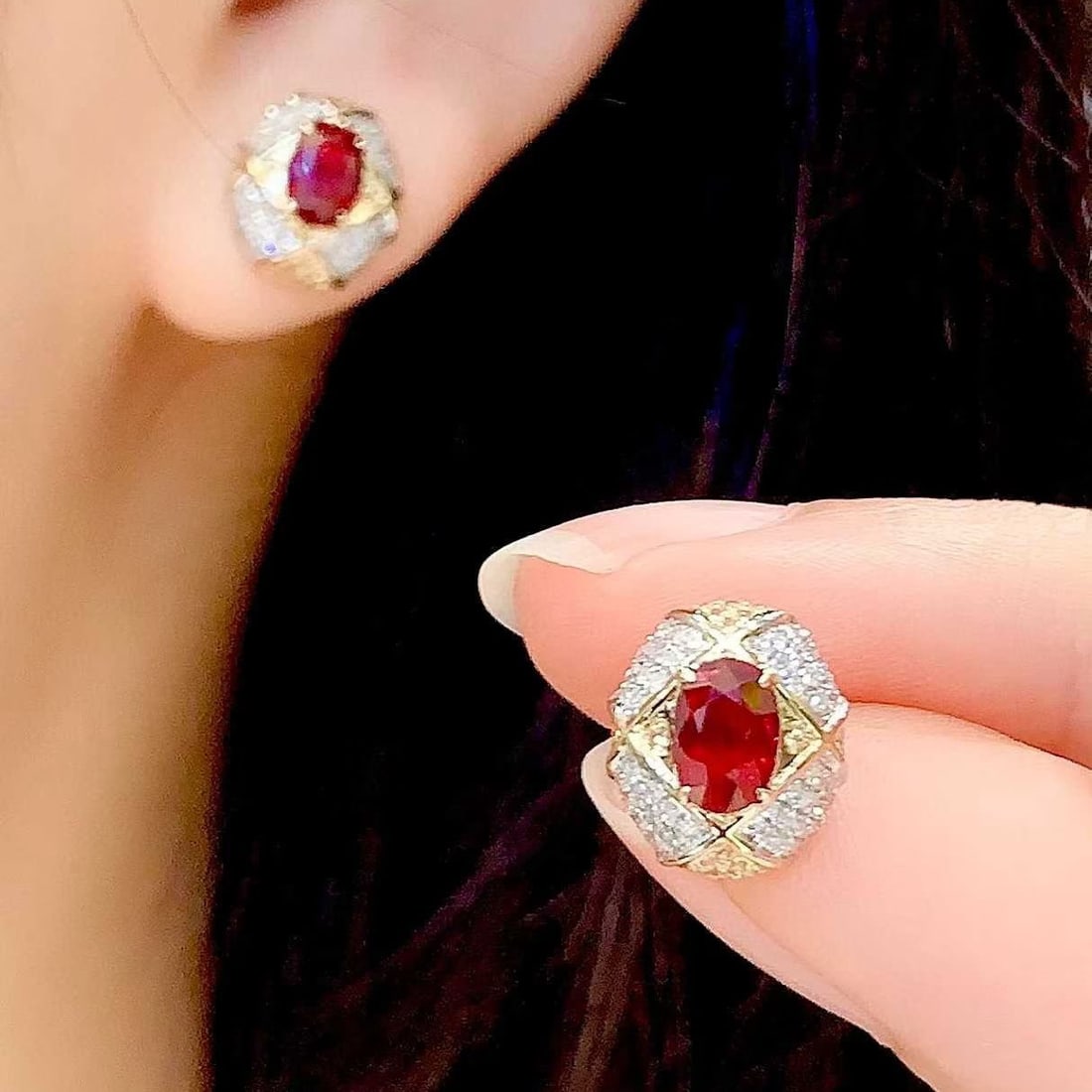 14k Gold 1.1 Ct Natural Ruby & Diamond Earrings - 4