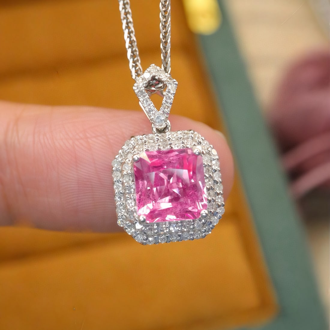 14k Gold 2.48 Ctw Natural Padparadscha Sapphire & Diamond Pendant( Without Chain ): Ref:231155136 // gold content:14k gold // main gemstone:padparadscha sapphire // shape:octagonal // carat weight:2. 15ct // color:orangish pink // treatment:natural // // adjacent gemstone 2 : diamond