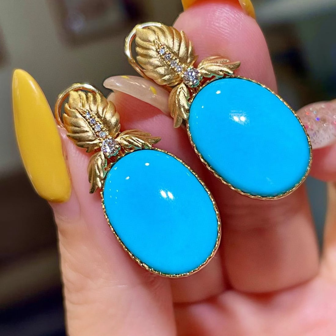 14k Gold 14.96 Ctw Natural Blue Turquoise & Diamond Earrings - 3