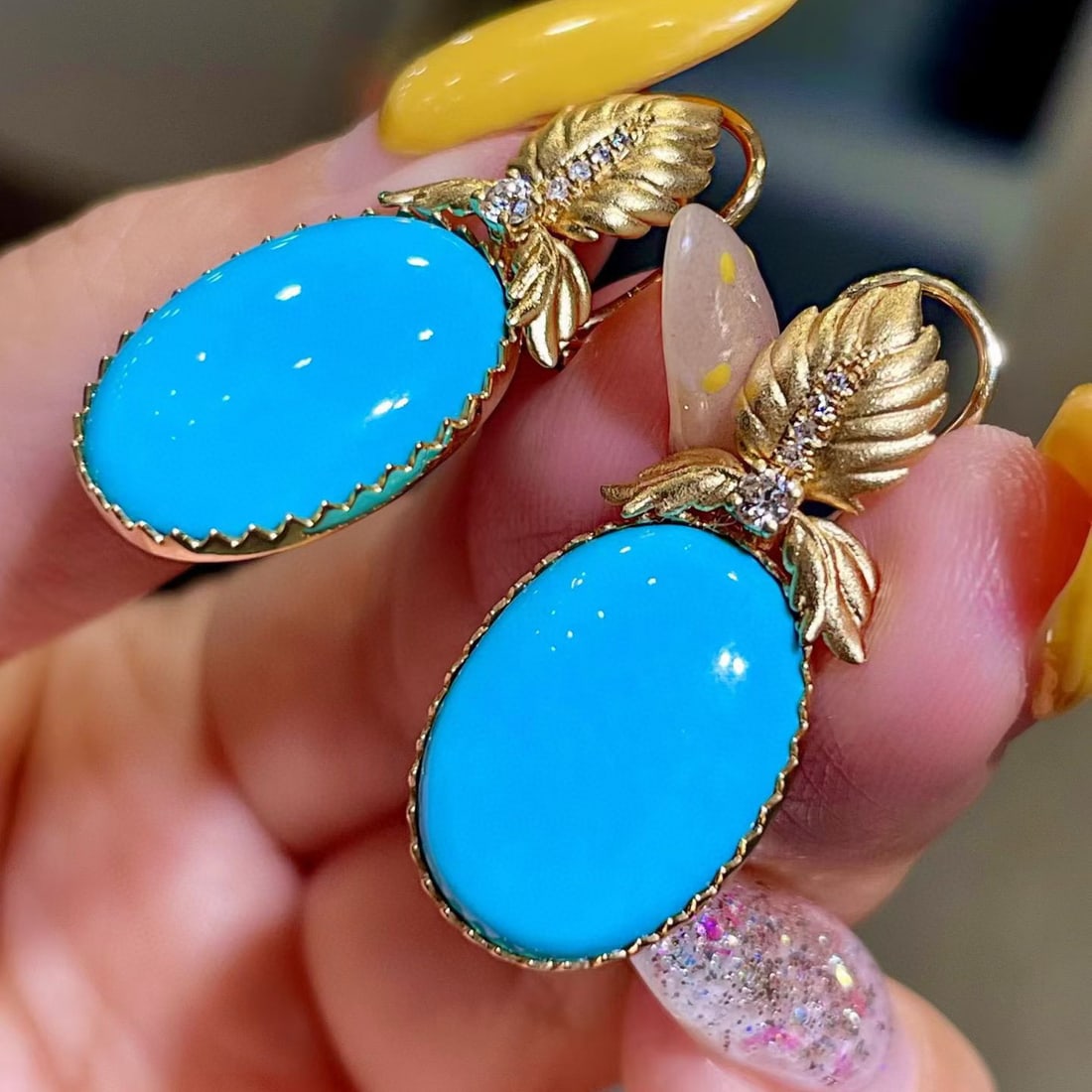 14k Gold 14.96 Ctw Natural Blue Turquoise & Diamond Earrings - 4